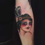 Another elegant girl head tattoo done by Anem. #Anem #traditionaltattoo #girl #girltattoo #traditional #traditionalgirl