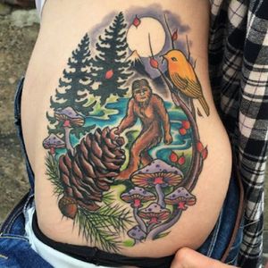 A squatch in its natural environment via Cathy Johnson (IG—ladybird_tattoos). #Bigfoot #landscape #neotraditional #Sasquatch #Yeti