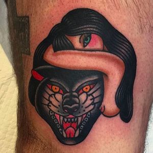 Super cool panther and girl tattoo done by Jaclyn Rehe. #JaclynRehe #ChapelTattoo #traditional #girl #girlhead #girlsgirlsgirls #panther #pinup
