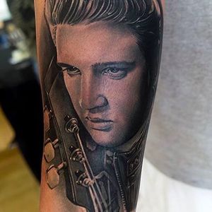 Beautiful portrait of The King, Elvis Presley. Tattoo by Massimiliano Fonzo. #THEKING #elvis #ElvisPresley #massimilianofonzo #blackandgrey #portrait #realistic