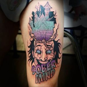 Awesome looking SOBER MIND tattoo done by Gennaro Varriale. #GennaroVarriale #coloredtattoo #pasteltattoo #sobermind #house #head
