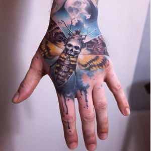 Moth tattoo by Sandra Daukshta #SandraDaukshta #realistic #painterly #paintingstyle #moth #skullmoth #skull #handtattoo
