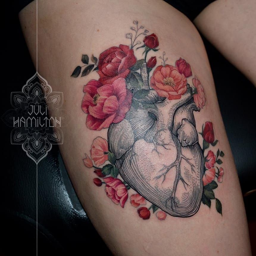 Anatomical heart and flowers Done by Hector at FineLine Tattoo in Garland  TX  rtattoos