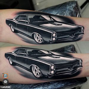 Pontiac GTO '67 car tattoo by James Artink #JamesArtink #cartattos #blackandgrey #realism #realistic #newtraditional #newschool #car #pontiac #musclecar #lowrider #vintage #chrome #tattoootheday