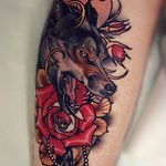 Wolf and Rose Tattoo by Brando Chiesa @BrandoChiesa #BrandoChiesa #Italy #Neotraditional #Beast #animaltattoo #Wolf #Rose