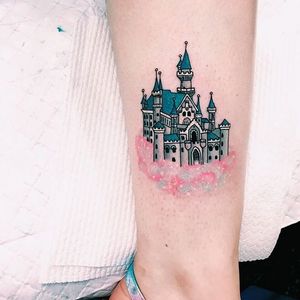 Castle in the sky tattoo by Lauren Winzer. #Lauren Winzer #girly #castle #pastel #cloud