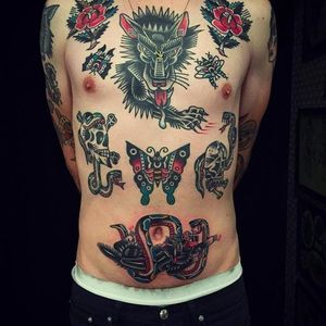 Beautifully composed front torso collection by Mark Cross. #MarkCross #rosetattooNYC #TraditionalTattoo #BoldTattoos #frontpiece