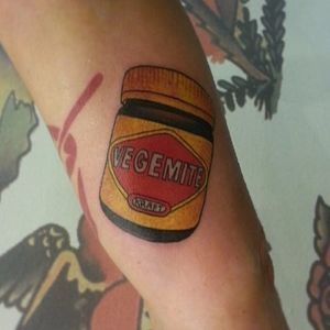 Vegemite tattoo by Cam Dosen. #neotraditional #vegemite #jar #australian #austalia #CamDosen