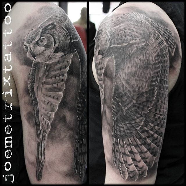 Tatuaje de búho realismo negro y gris de Joe Metrix.  # gris negro #realismo # pájaro #oys #JoeMetrix