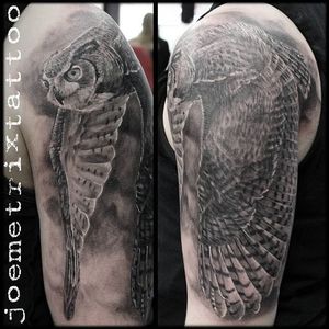 Black and grey realism owl tattoo by Joe Metrix. #blackandgrey #realism #bird #owl #JoeMetrix