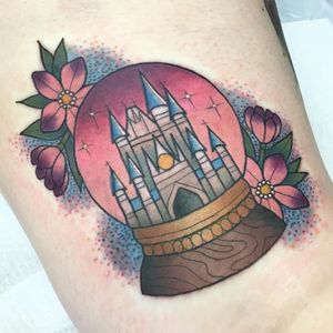 Castle snowglobe tattoo by Stephanie Melbourne #StephanieMelbourne #neotraditional #colour #castle #disneycastle #snowglobe