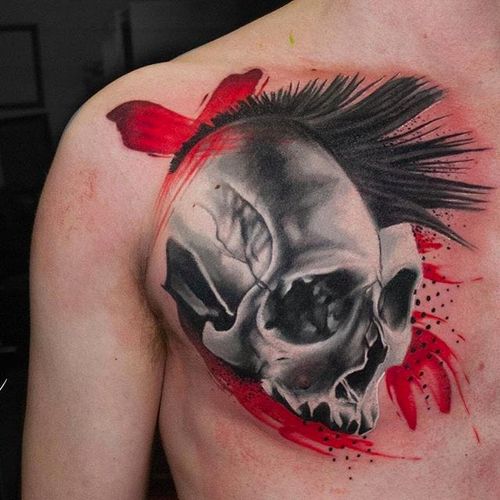 Punk skull tattoo by Michael Cloutier @cloutiermichael #Michaelcloutier #blackandgrey #blackandgray #blackandred #black #red #trashpolka #realism #punk #skull