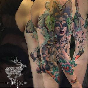 Gorgeous tattoo by Hector Cedillo #HectorCedillo #graphic #nature #flower #racoon #butterfly