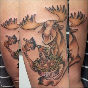 The only way to make a moose eating poutine more Canadian is to put hockey skates on him. Or here. We're not in the business of misgendering Moose. #canda #canadaday #canadatattoo #canadianpridetattoo #moose