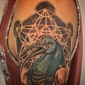 A portrait of Thoth with Metatron's Cube in the background by Robbie Campbell (IG—robbie_campbell_tattoos). #AmericanGods #Egyptian #MetatronsCube #RobbieCampbell #Thoth