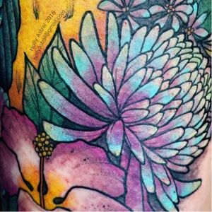 Close-up color tattoo by Holly Astral #HollyAstral #flowers #color