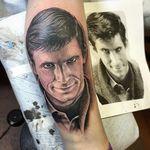 Norman Bates tattoo by Stephen McConnell. #realism #blackandgrey #StephenMcConnell #Psycho #NormanBates