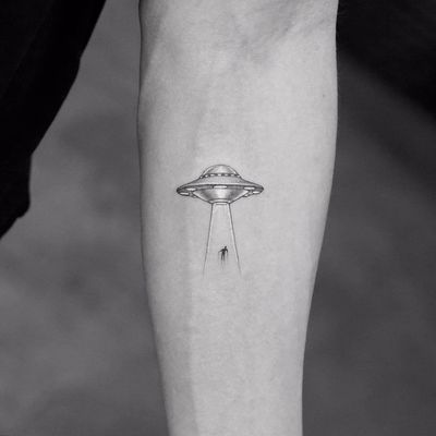 Abduction by Mr. K #MrK #linework #minimal #small #tinytattoo #alien #UFO #spaceship #alienabduction #abduction #whiteink #realistic #scifi #tattoooftheday