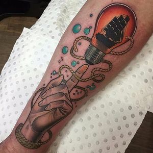 Ship Light Bulb Tattoo by Drew Shallis #lightbulb #ship #neotraditional #DrewShallis