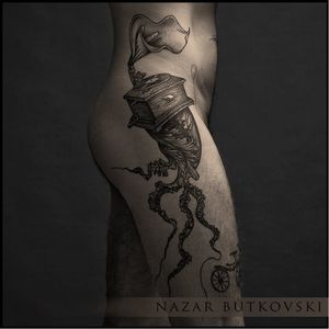 Surrealistic tattoo by Nazar Butkovski #NazarButkovski #engraving #blackwork #science #surrealistic #gramophone