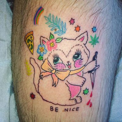 Be nice stoner kitty tattoo by Charline Bataille #CharlineBataille #weedtattoos #linework #dotwork #color #illustrative #drawing #cat #kitty #cute #knife #pizza #weedlead #stoner #flowers #stars #tattoooftheday