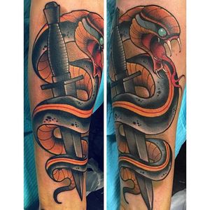 A classic snake and dagger revamped tattoo by David Tevenal on Instagram #snake #dagger #DavidTevenal #newschool