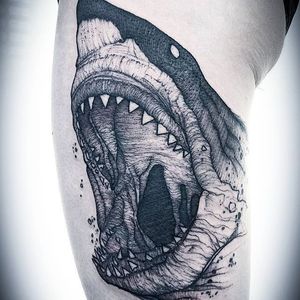 Shark Tattoo by Jean Carcass #shark #sharktattoo #illustrative #illustrativetattoo #blackworkillustrative #blackwork #blackworktattoo #graphictattoo #graphic #graphicblackwork #blackworkartists #graphicartist #JeanCarcass