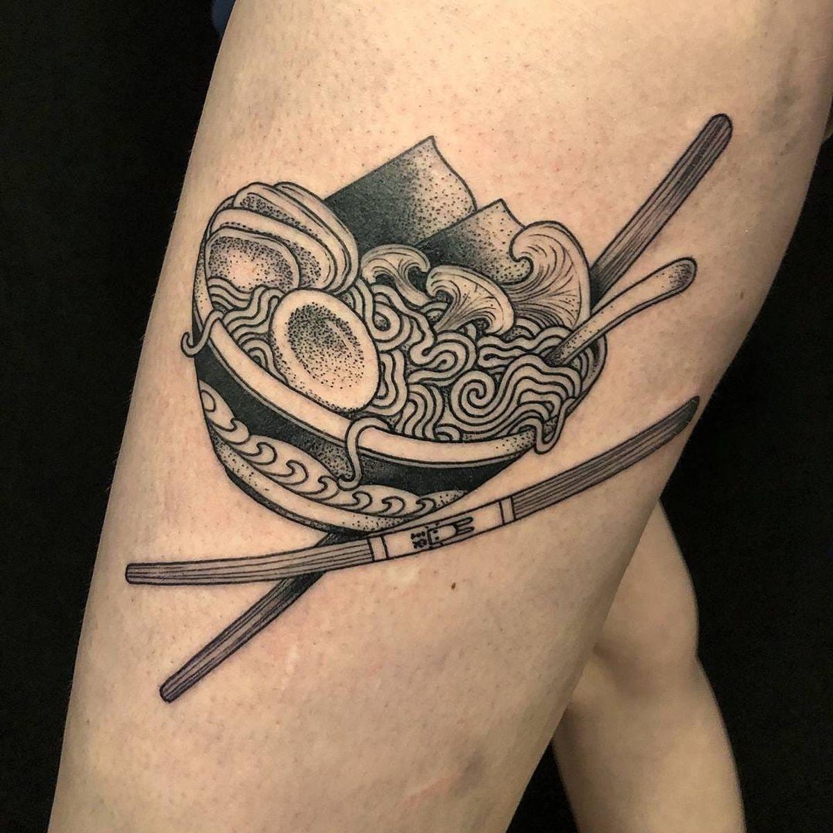 ramen tattoo by Scott Santee #ScottSantee #ramentattoo #blackandgrey #stipp...