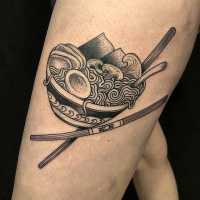 Bowl o ramen tattoo by Scott Santee #ScottSantee #ramentattoo #blackandgrey #stippling #dotwork #linework #noodles #ramen #Pho #chopsticks #mushrooms #egg #nori #soup #foodtattoo #bunny