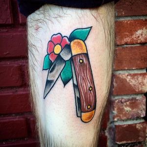 Buck Knife Tattoo by Viking Ashley #buckknife #knifetattoo #traditionalknifetattoo #traditionaltattoo #VikingAshley