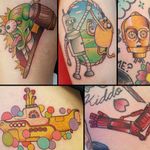 A collage of Zane Donellan's (IG—gooneytoons_str) awesome nerdy tattoos. #nerdy #newschool #traditional #ZaneDonellan