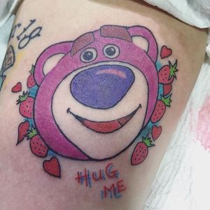 Traditional style Lotso bear tattoo by Joey Ho. #Lotso #Lotsobear #Disney #Pixar #ToyStory #traditional #strawberry #JoeyHo