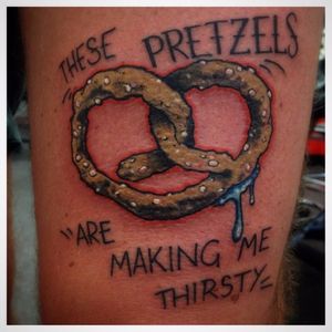 Pretzel Tattoo by Angus Wood #pretzel #foodtattoo #traditional #AngusWood #lettering