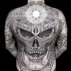 Backpiece by Jondix #Jondix #blackandgrey #dotwork #linework #mandala #pattern #sacredgeometry #tribal #skull #darkart #fire #death