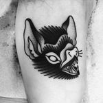 Awesome bat head tattoo done by Macarena Sepulveda. #MacarenaSepulveda #bat #blackwork #bathead #animal