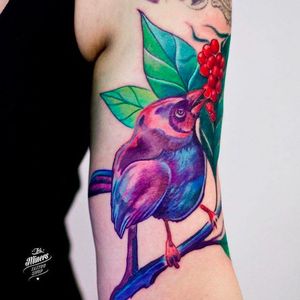 Bird tattoo by Maya Kubitza #MayaKubitza #Poland #bird #leaf #color