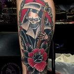 The spiderwebbing on the rose in this reaper tattoo by Myke Chambers is crazy (IG—mykechambers). #Death #GrimReaper #MykeChambers #reaper #traditional