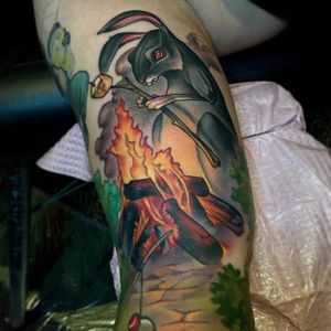 Campfire Rabbit tattoo by Scotty Munster #ScottyMunster #ScottyMunster'screatures #colourtattoo #creatures #rabbit #rabbittattoo
