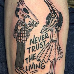 Never Trust the Living by Mike Bruce (via IG-mikebruce) #beetlejuice #nevertrusttheliving #timburton #blackandgrey #adammaitland #BarbaraMaitland #ghosts #MikeBruce