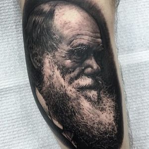 Charles Darwin Tattoo by Ben Kaye #charlesdarwin #realism #blackandgrey #blackandgreyrealism #portrait #BenKaye