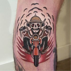 Biker tattoo by Rion #Rion #traditional #biker #skeleton