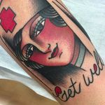 Get Well Girl Tattoo by La Dolores @LaDoloresTattoo #Ladolorestattoo #Traditional #Black #Red #Girl #Lady #Vintage #Madrid #Spain