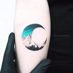 Moon over the mountains by Evgenymel #EvgenyAgnisvet #evgenymel #realistic #newtraditional #dotwork #color #mountains #forest #trees #moon #sky #stars #nature #landscape #tattoooftheday
