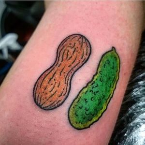 Simple peanut and pickle tattoo by Jay Johnson. #traditional #pickle #peanut #food #JayJohnson