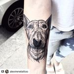Illustrative bull terrier tattoo by Alex Irene. #blackwork #illustrative #dog #bullterrier #AlexIrene