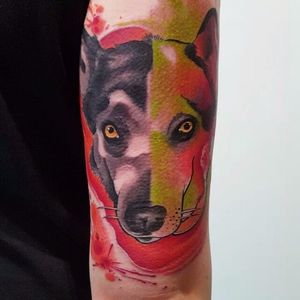 Abstract watercolor husky tattoo by Raul Cuadrado. #abstract #graphic #watercolor #painterly #dog #husky #RaulCuadrado