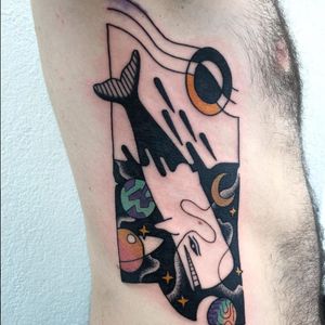 This whale dives into the cosmos! Tattoo by Luca Font  (Via IG - lucafont) #LucaFont #art #abstract #cubism #fineart #surrealism #whale #cosmos #planets #space