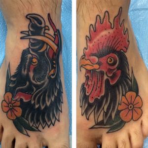 A bold depiction of a pig and rooster by Sean Huston (IG—shustonhdc). #pig #pigandrooster #rooster #SeanHuston #traditional