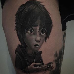 Black and grey Hiro of ‘Big Hero 6’ tattoo by Owen Paulls. #OwenPaulls #blackandgrey #realism #portrait #popculture #movie #film #animation #disney #bighero6
