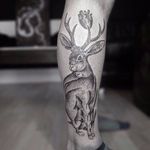 Jackalope tattoo by Otto D'Ambra. #OttoDAmbra #jackalope #fable #imaginary #animal #antler #rabbit #pointillism